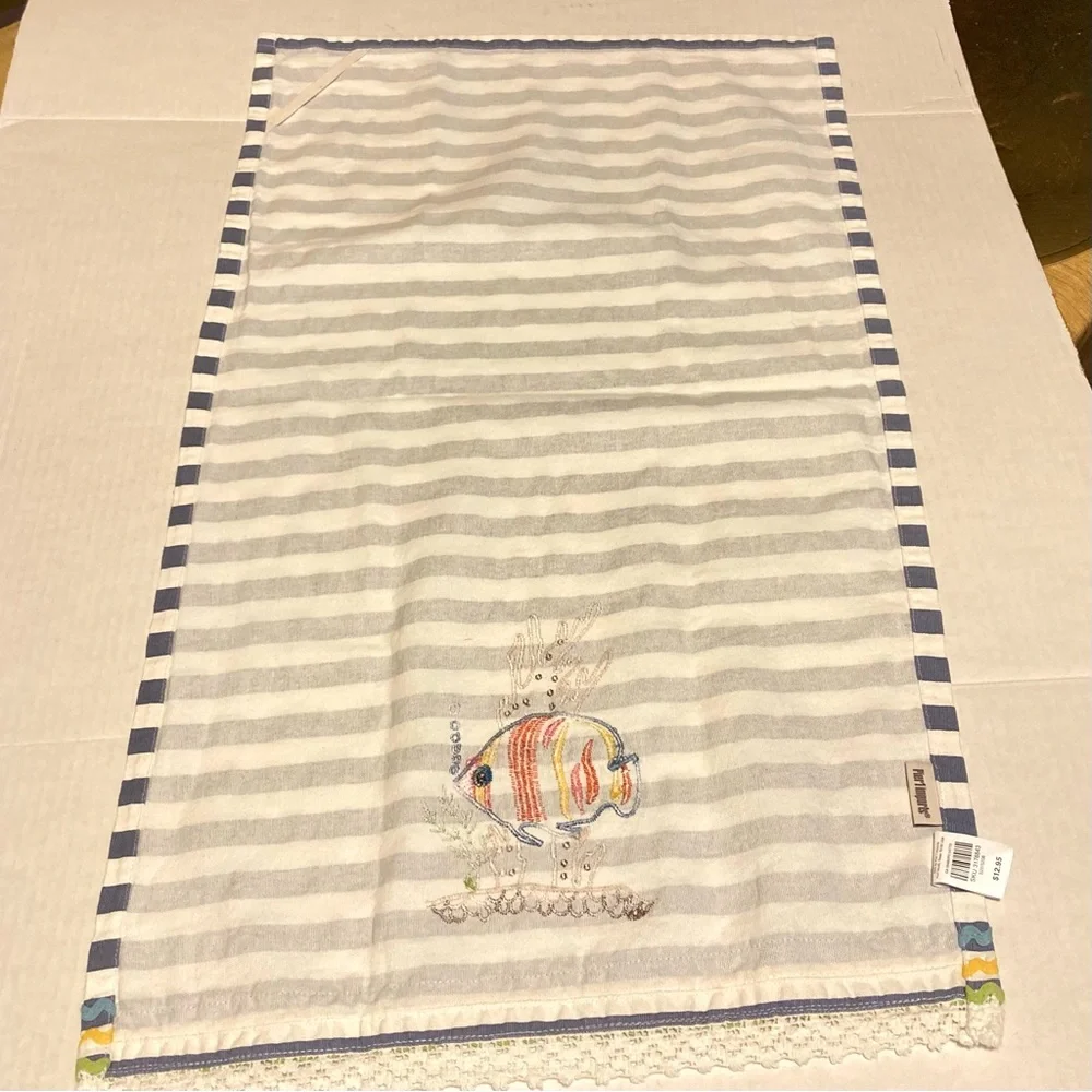 PIER 1 IMPORTS Nautical Stripe Fish Lace Embroidered Zig Zag Towel 29 x 17 in